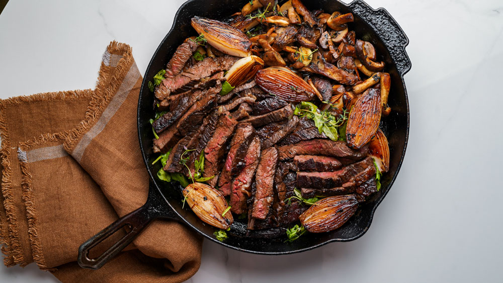 Balsamic Glazed Skirt Steak with Caramelized Shallots and Mushrooms