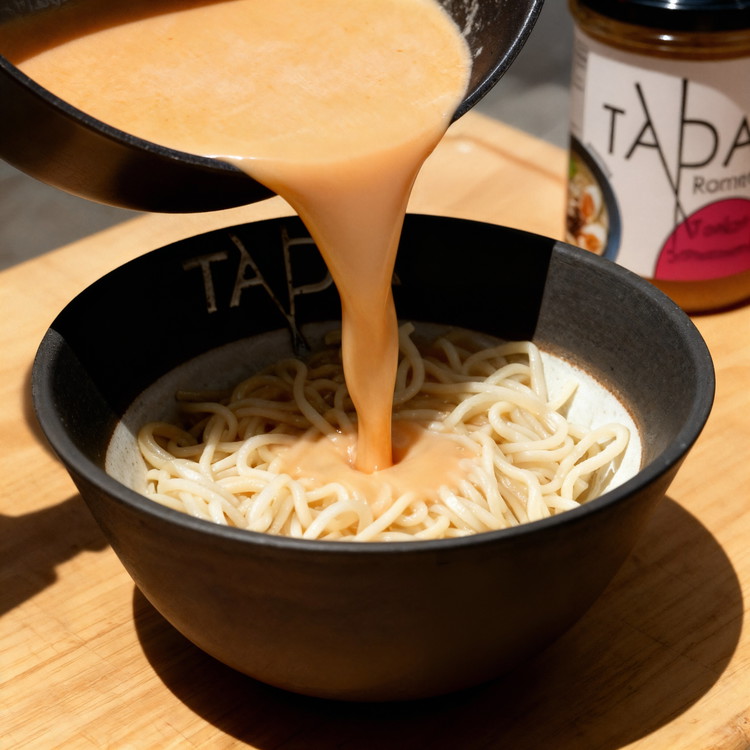 Image of Die Tonkotsu Ramenbrühe vorsichtig in einem Topf erhitzen.Rote Currypaste und Kokosmilch hinzufügen und mit einem Schneebesen verrühren.