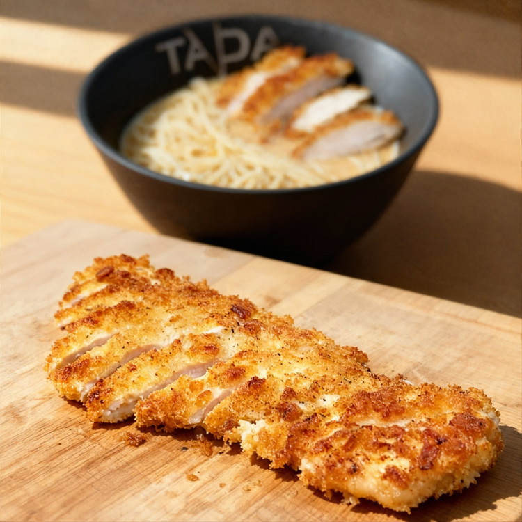 Image of Hähnchenbrust leicht plattieren und mit Salz und Pfeffer würzen.In Mehl wenden, durch die verquirlten Eier ziehen und in Panko panieren.In einer Mischung aus Butterschmalz und Rapsöl goldbraun ausbacken.Auf Küchenpapier abtropfen lassen und in Streifen schneiden.