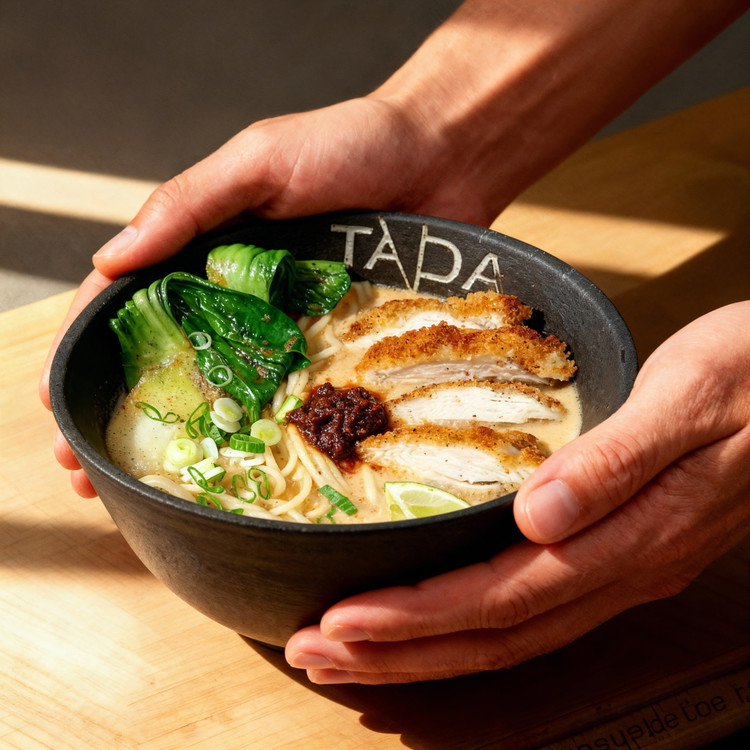 Image of Die warme Ramenbrühe in vor­gewärmte Schalen füllen, Nudeln hineinlegen.Mit Pak Choi, Katsu-Scheiben, Spice Up Würzpaste, Frühlingszwiebeln und Limette garnieren.