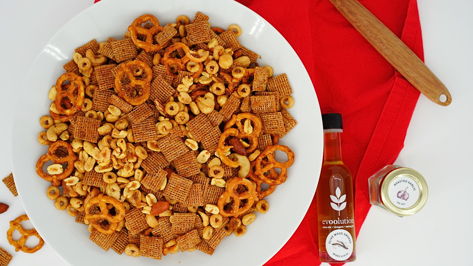 Image of Savoury Nuts & Bolts with Olive Wood Smoked Olive Oil and Roasted Garlic Sea Salt