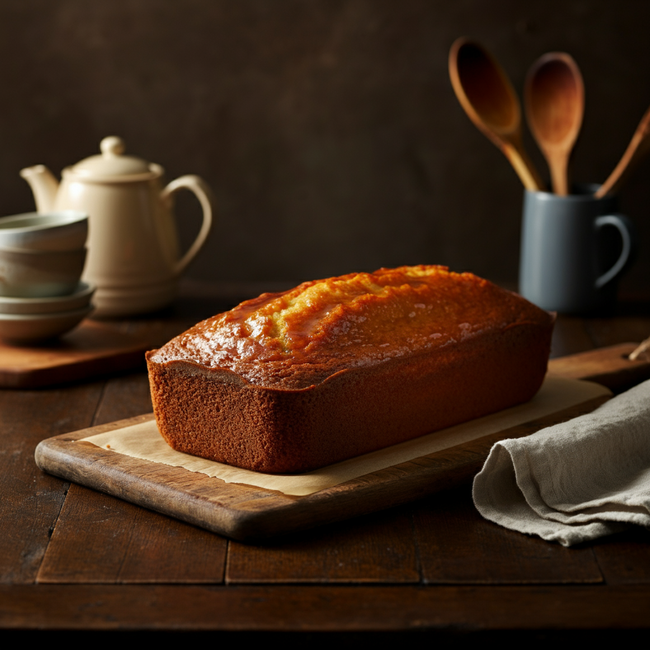 golden syrup loaf cake displayed on a wooden board