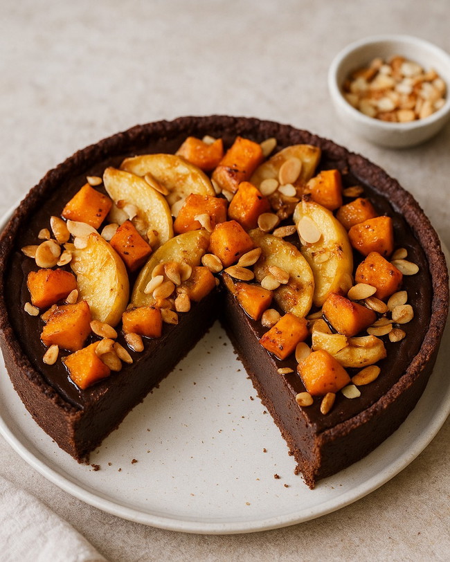 Image of Tarte au Chocolat ohne Mehl - Rezept mit Topping (Kürbis-Honig-Apfel-Mandeln)