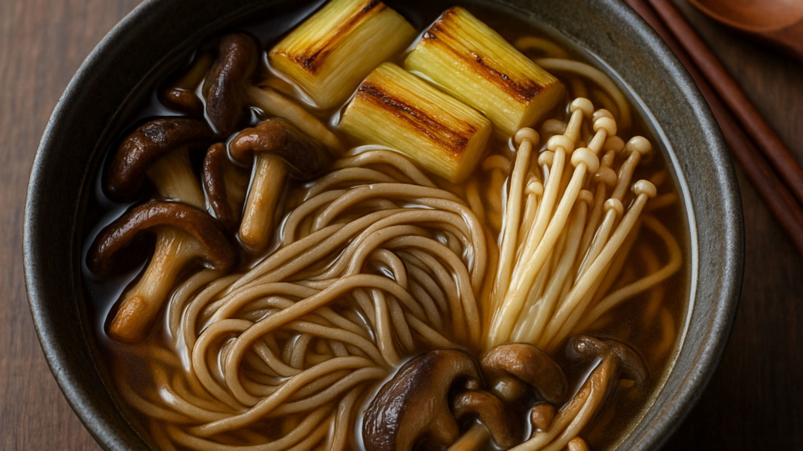 Image of Soba chaudes champignons & poireaux (style Kamo-Nanban, veggie)
