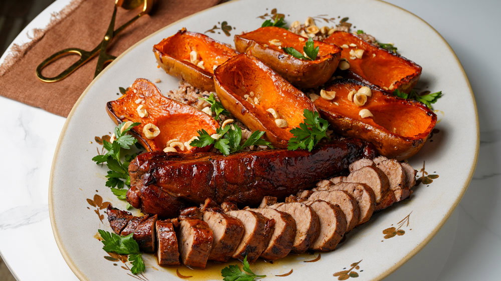 Maple Glazed Pork Tenderloin with Honeynut Squash & Wild Rice
