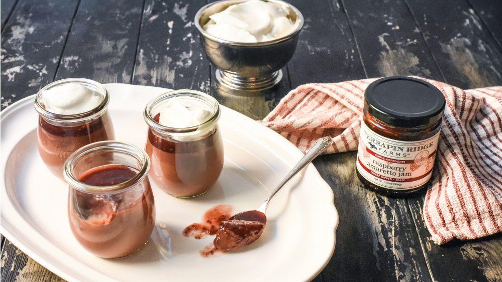 Image of Easy Chocolate Pots de Crème with Raspberry Amaretto Jam