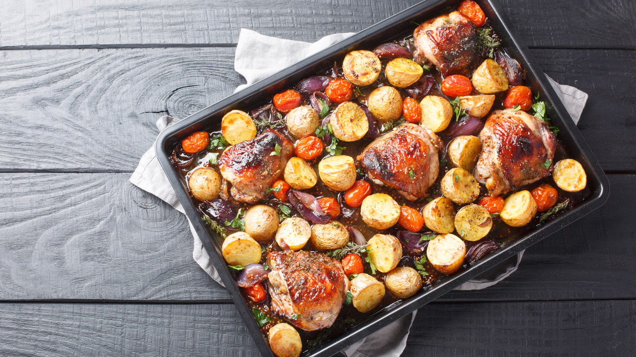 Image of Crispy Maple-Chili Chicken with Roasted Veggies & Chickpeas