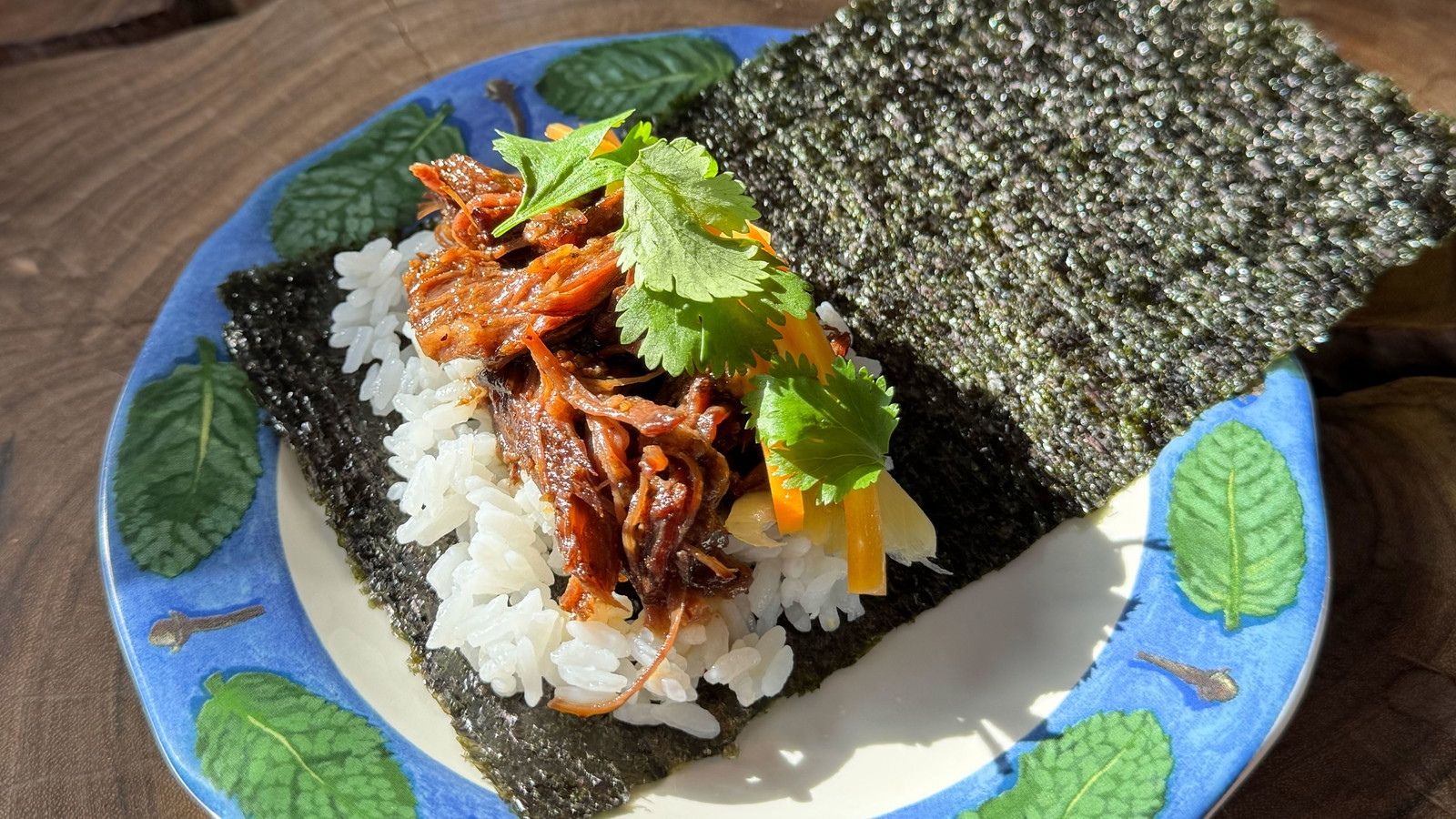 Asian Braised Short Ribs on sushi rice and seaweed roll