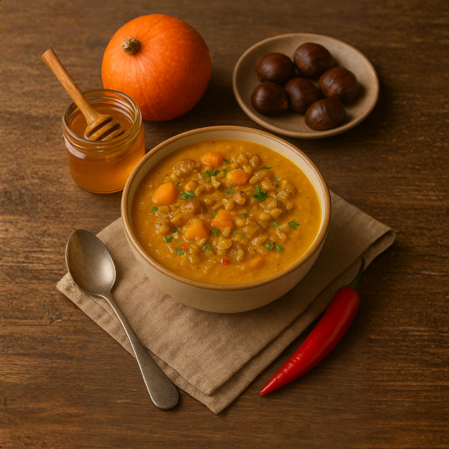 Image of 🌰 Vegetarischer Kastanien-Kürbis-Eintopf mit Honig & Chili
