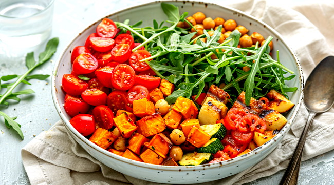 Image of Vegane Süßkartoffel-Bowl mit Tomaten-Dressing