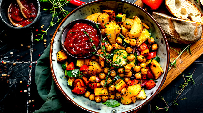 Image of Veganes Airfryer-Ofengemüse mit Tomaten-Ketchup-Dip