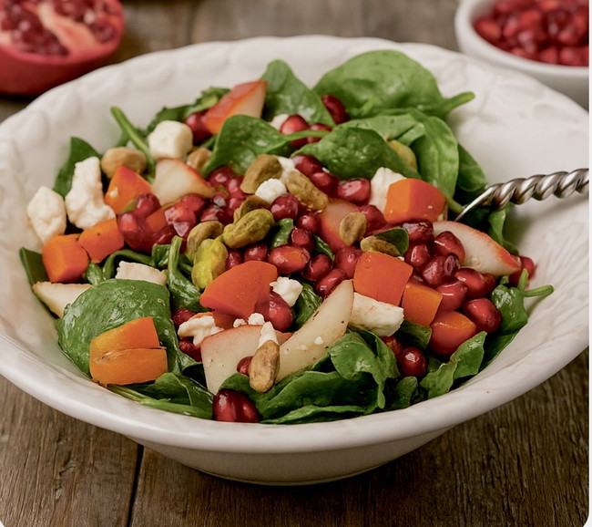 Image of Winter Spinach Salad with Persimmon, Pear, and Pomegranate