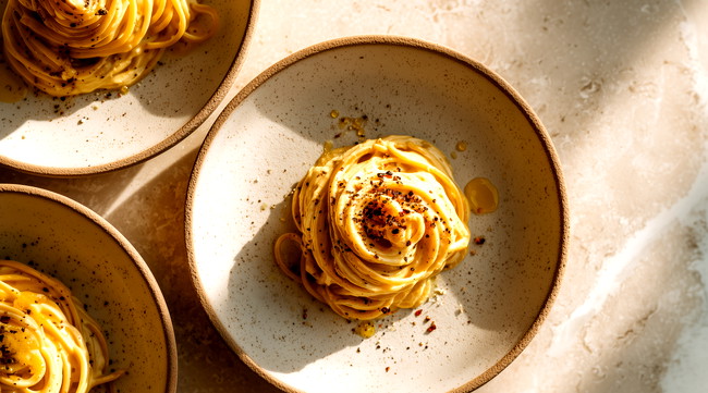 Image of Pasta Carbonara vegan: Cremige Spaghetti Carbonara mit Räuchertofu