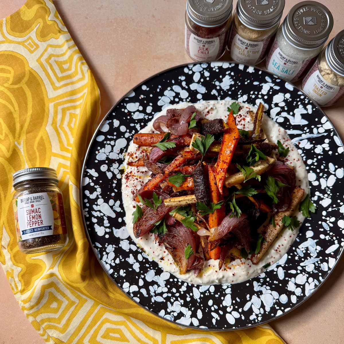 Sumac Lemon Pepper Carrots with Fennel Yogurt