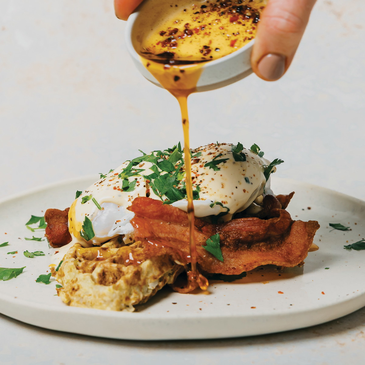 Potato Waffles with Crispy Bacon & Poached Eggs