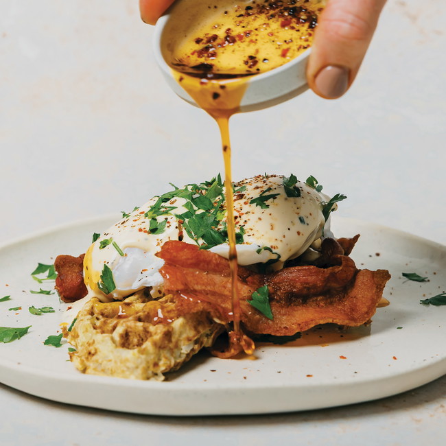 Image of Potato Waffles with Crispy Bacon & Poached Eggs