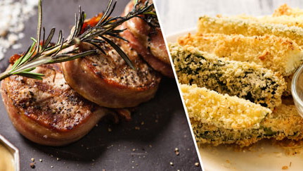 Bacon Wrapped Pork Medallions, Herb Roasted Fingerling Potatoes and Zucchini Fries