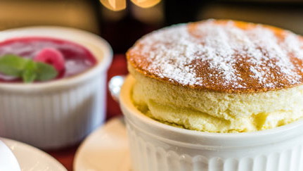 Lemon Souffle with Raspberry Coulis