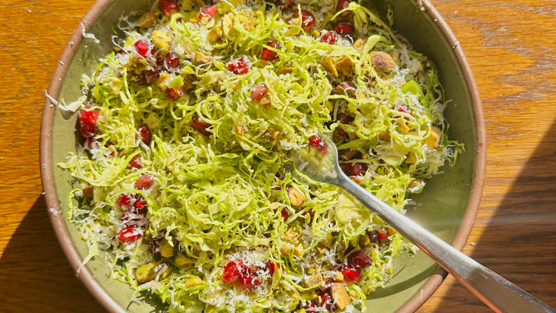 Image of Shaved Brussels Sprout Salad with Greek Goddess Tahini Dressing