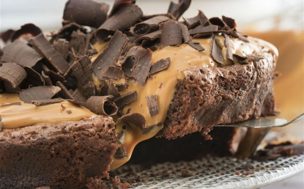 Chocolate Chunk Cake with Dulce de Leche Cream Topping