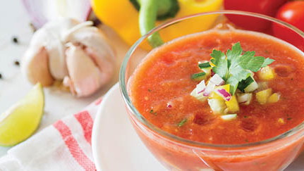 Chilled Spicy Gazpacho Soup with Garlic Butter Croutons