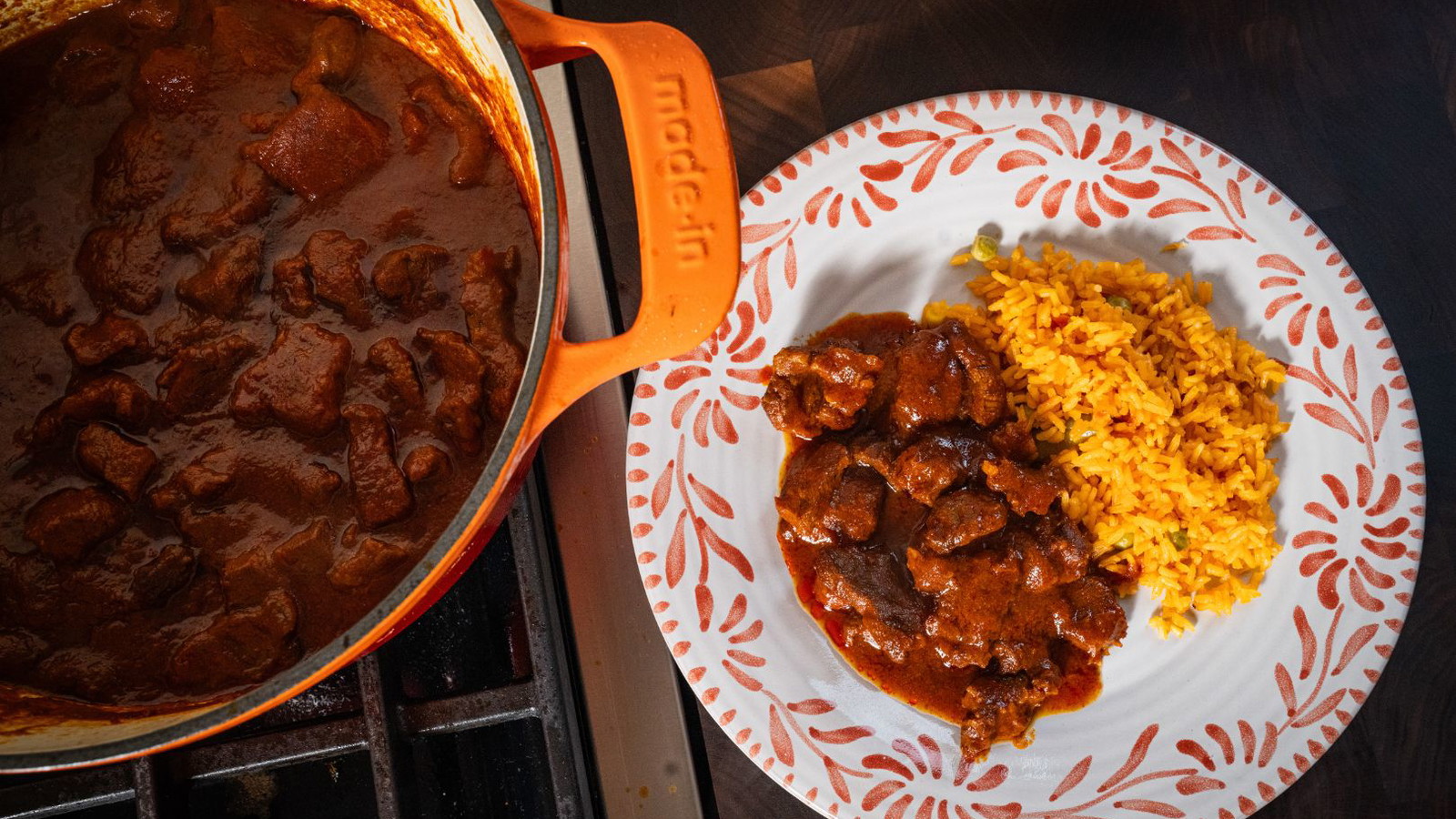Chile colorado served with Mexican rice