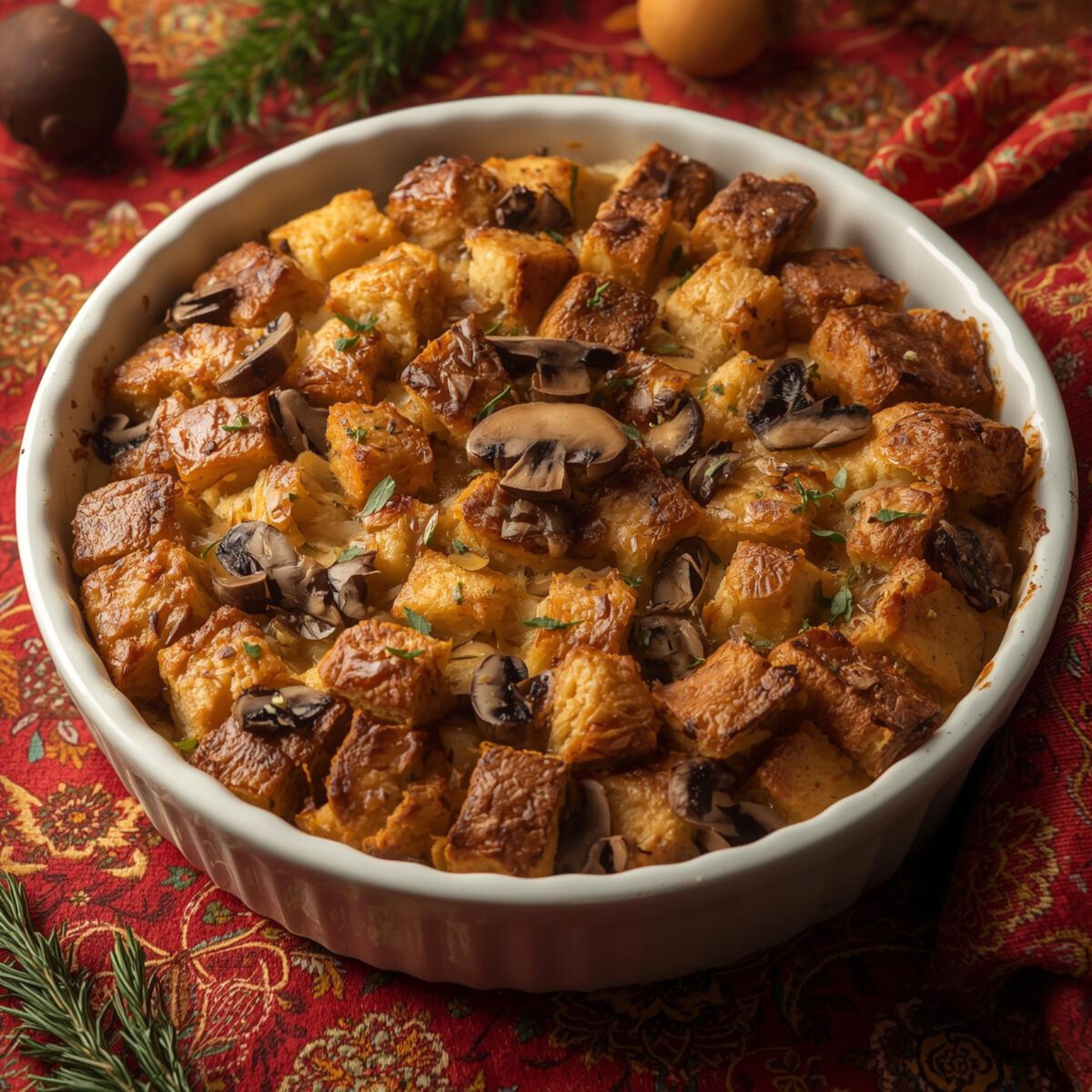 Herbed Schmaltz & Mushroom Bread Pudding