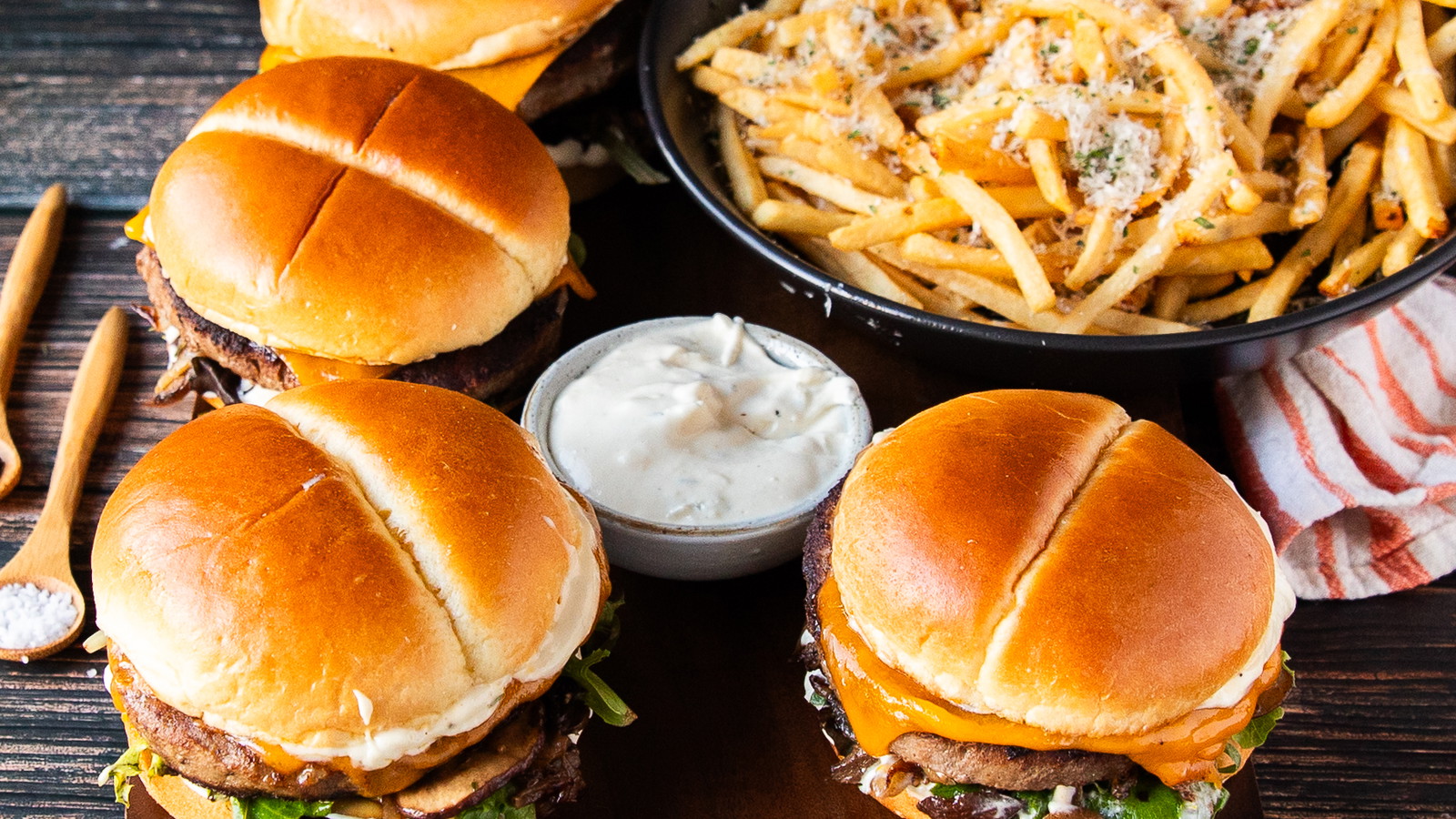 Image of Onion & Mushroom Bison Burgers With Truffle Aioli And Truffle Fries