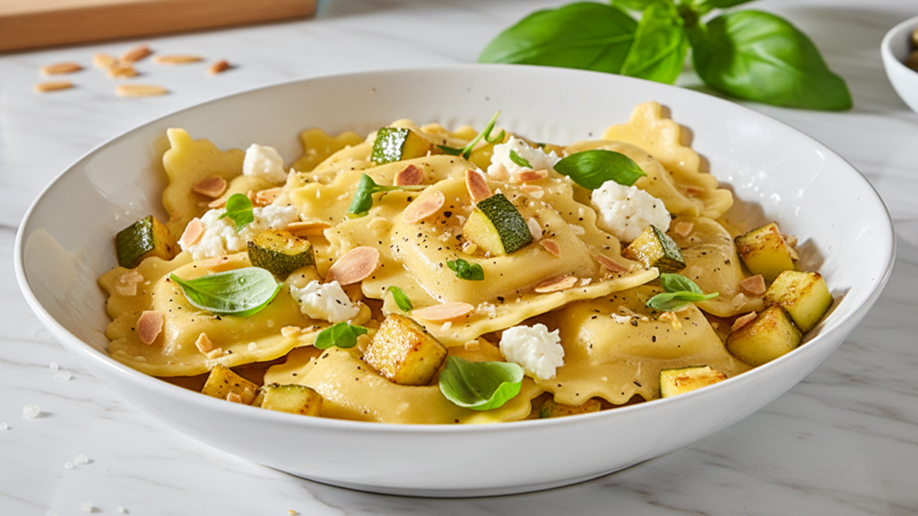 Image of RAVIOLONES CAPRESSE  CON ZUCCHINI, QUESO DE CABRA Y ALMENDRAS TOSTADAS