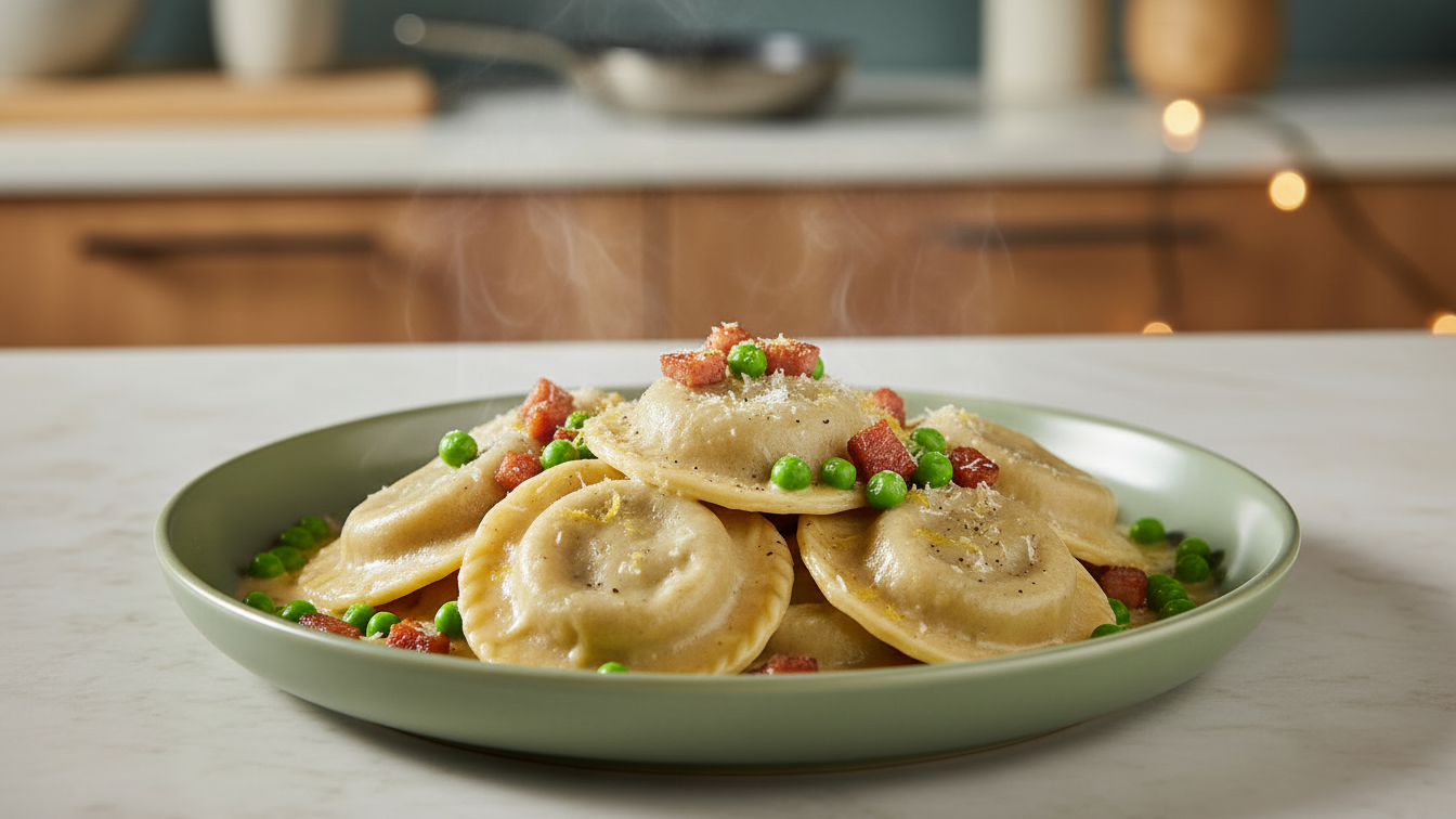 Image of SORRENTINOS ESPINACA & PROVOLONE CON MANTECA DORADA, PANCETA CROCANTE Y ARVEJAS TOSTADAS