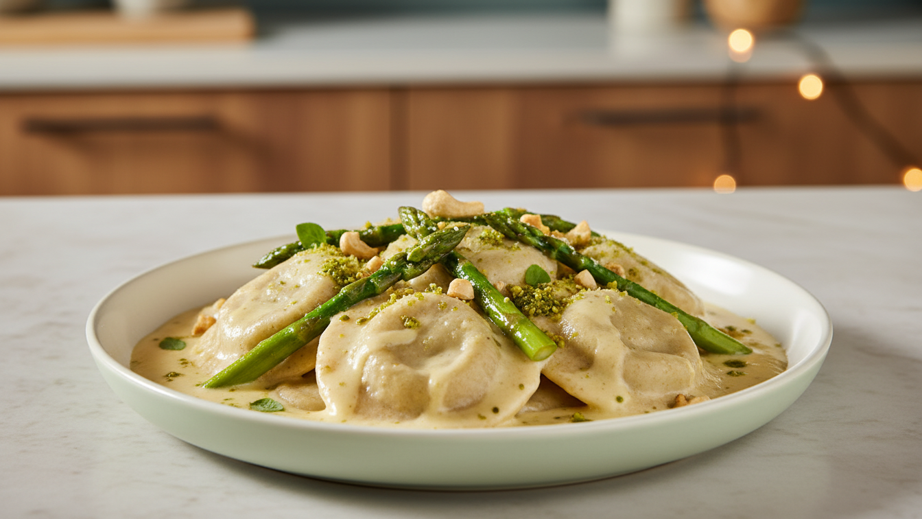 Image of SORRENTINOS ESPINACA & PROVOLONE CREMA DE PROVOLONE AHUMADO ESPÁRRAGOS CROCANTES CASTAÑAS TOSTADAS