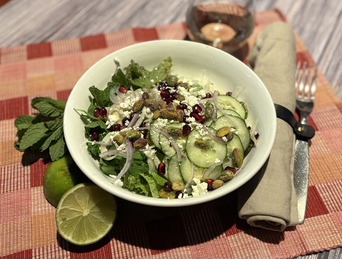 Fennel & Pomegranate Green Salad with Basil & Watermelon Dressing