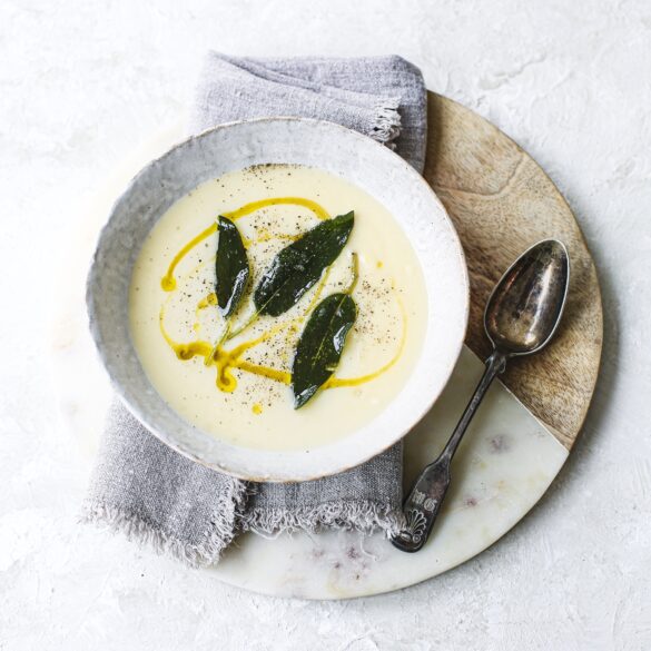 Image of Parsnip and Garlic Soup with Crispy Sage and Maple