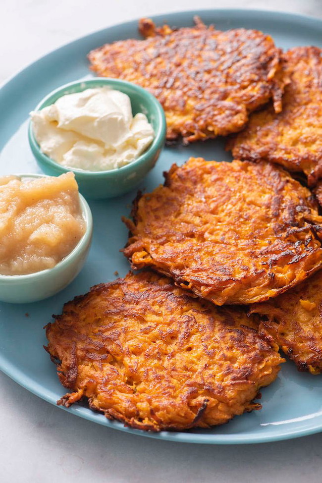 Image of Oven Fried Sweet Potato Latkes (Pancakes) with Apple Chutney & Cinnamon Sour Cream