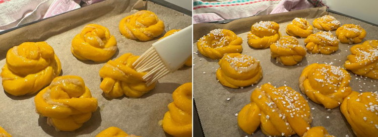 Image of När bullnystan jäst klart så är det dags för pensling: Vispa ihop 1 ägg med en nypa salt och en skvätt vatten och pensla på bullarna och toppa med pärlsocker innan du gräddar av dem.
