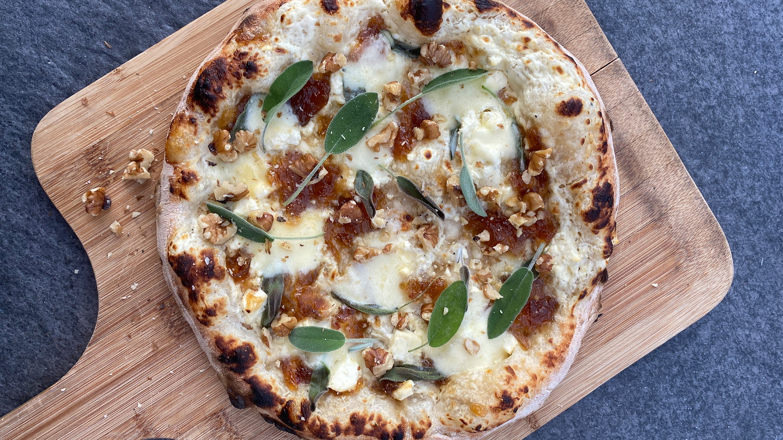 Image of Whipped Goats’ Cheese, Fetta, Caramelized Onion, Sage & Walnut Pizza
