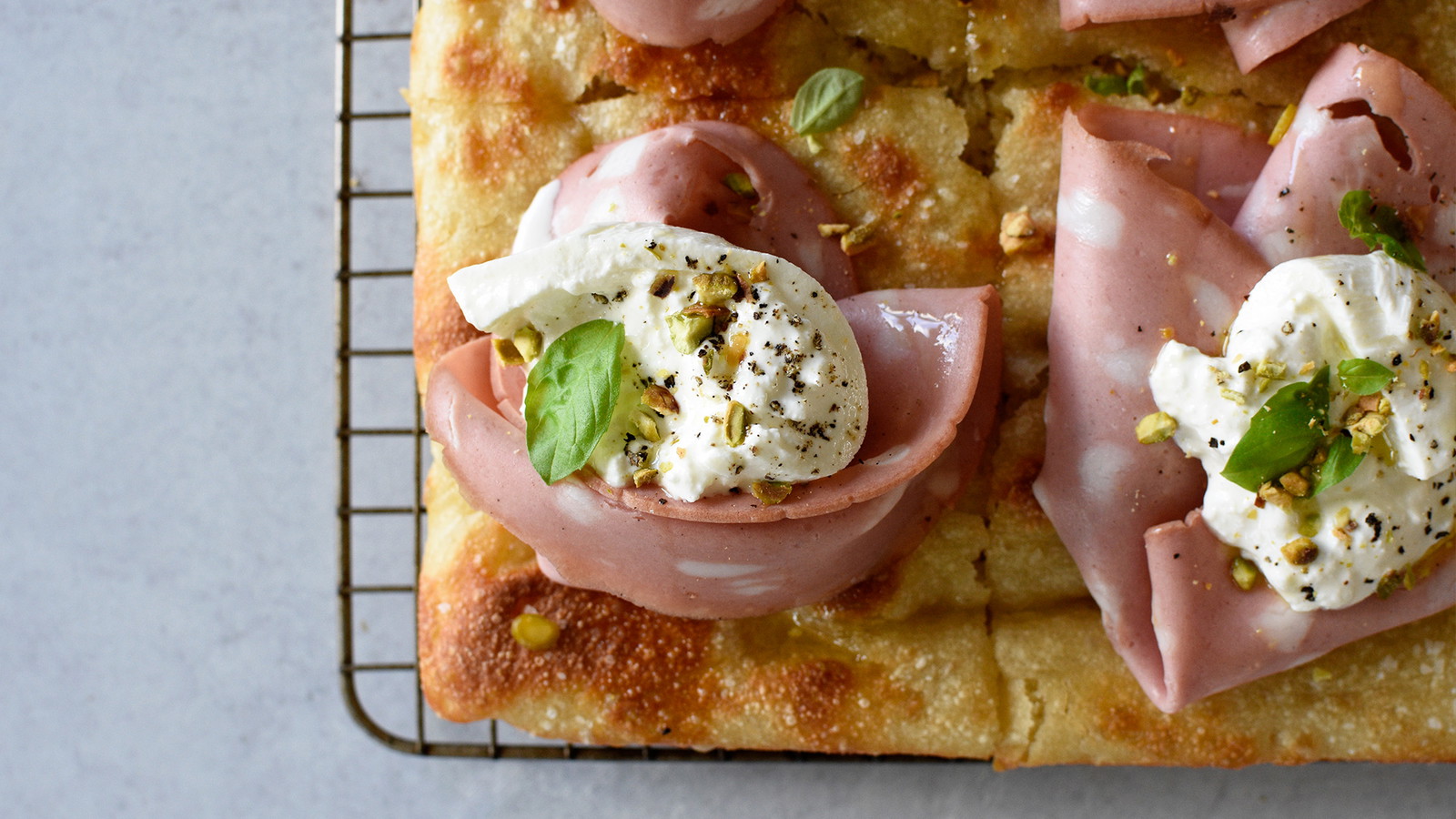 Image of Cold Fermented Focaccia with Mortadella, Burrata, Pistachio