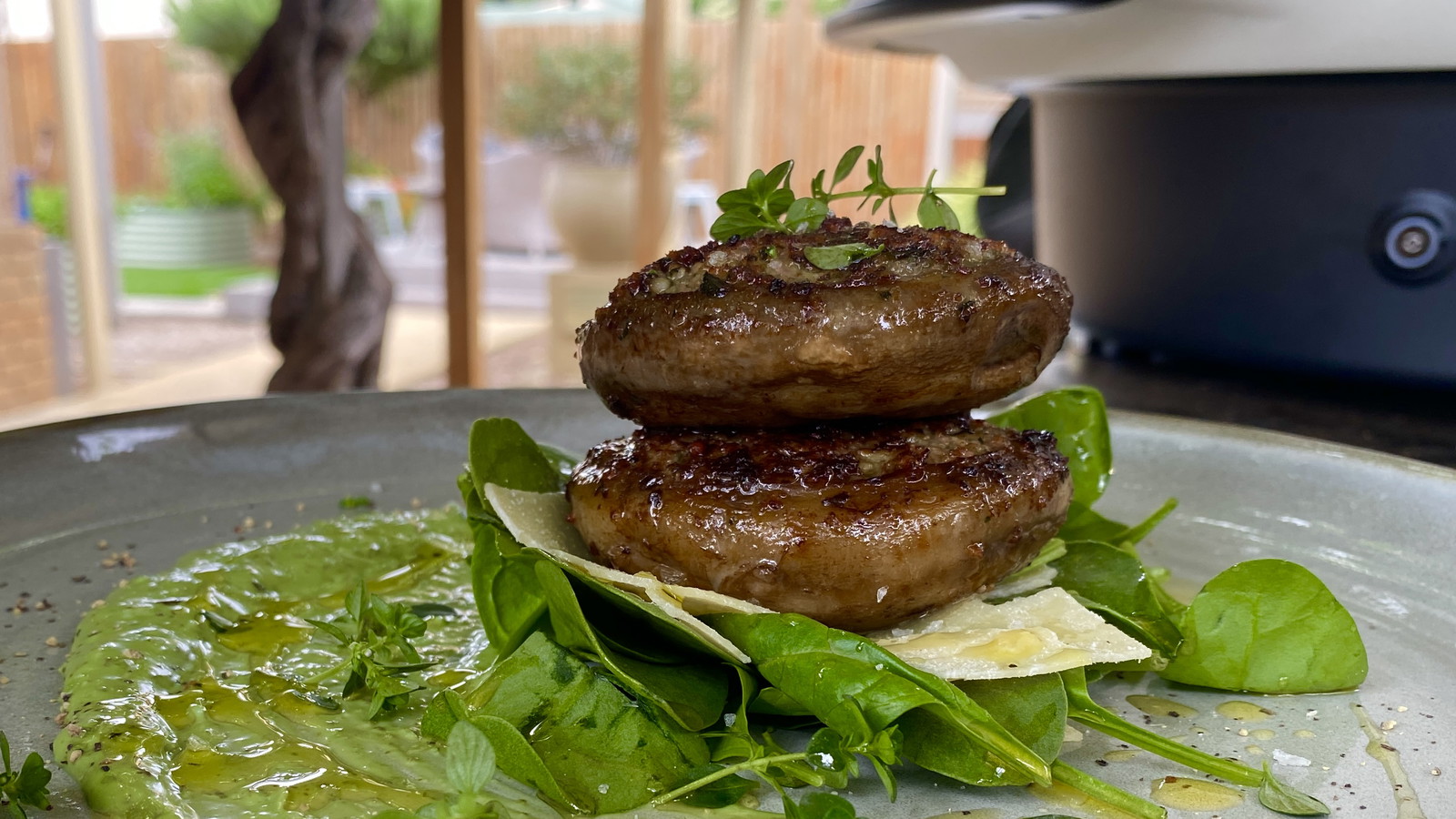 Image of KILN Roasted Bacon & Thyme Stuffed Mushrooms, Creamy Pesto, Parmesan and Spinach.