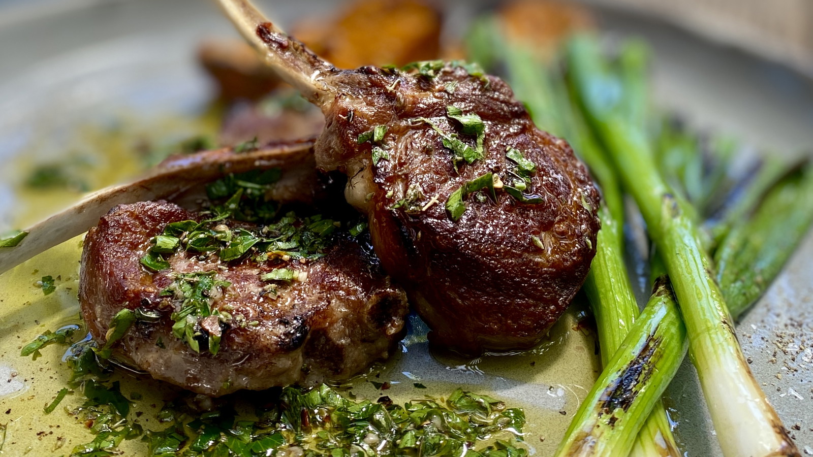 Image of Charred Lamb Loin Chops with Chimichurri & Sweet Potato Wedges