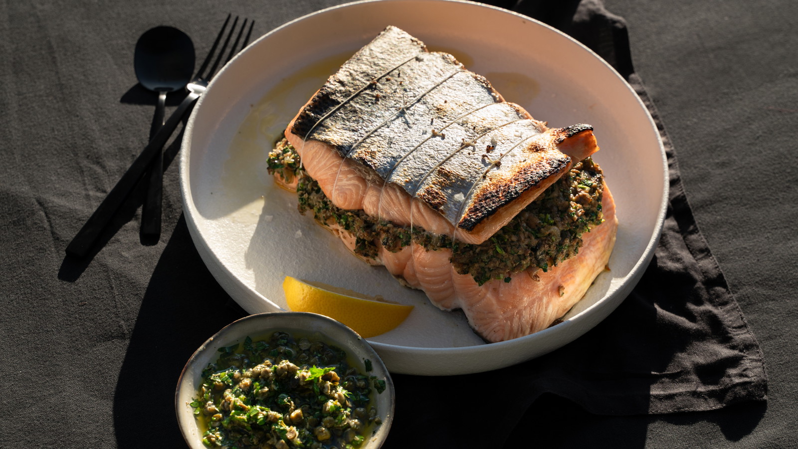 Image of Mushroom Stuffed Salmon with Herby Caper Sauce