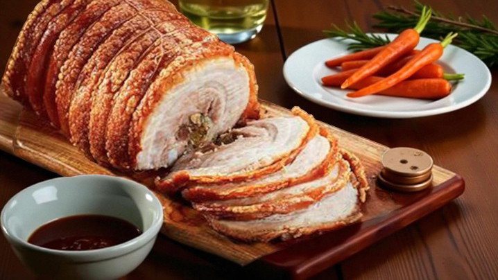 Lechon-style roast pork belly with crispy crackling, sliced and served on a wooden board with dipping sauce. Filipino-inspired festive pork dish perfect for Christmas and Noche Buena.
