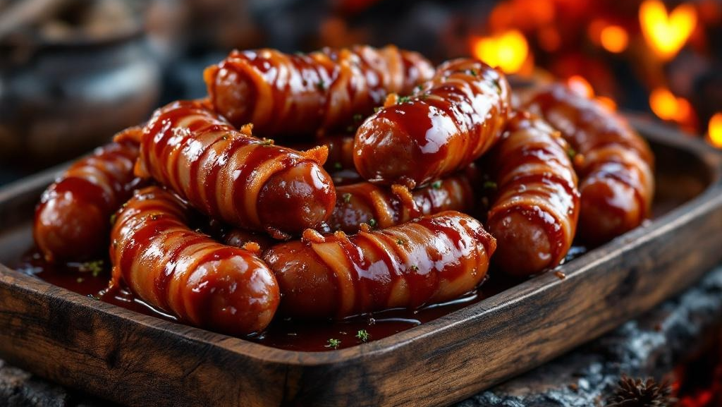Filipino pigs in blankets glazed with RoniB’s Kitchen Ihaw-Ihaw BBQ Sauce, bacon-wrapped sausages cooked until sticky, caramelised, and smoky.