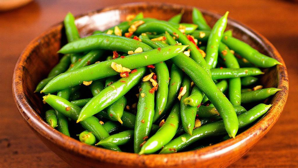 Fresh sautéed green beans tossed in garlic and chilli oil, served in a rustic wooden bowl — Filipino-inspired vegetable side dish.