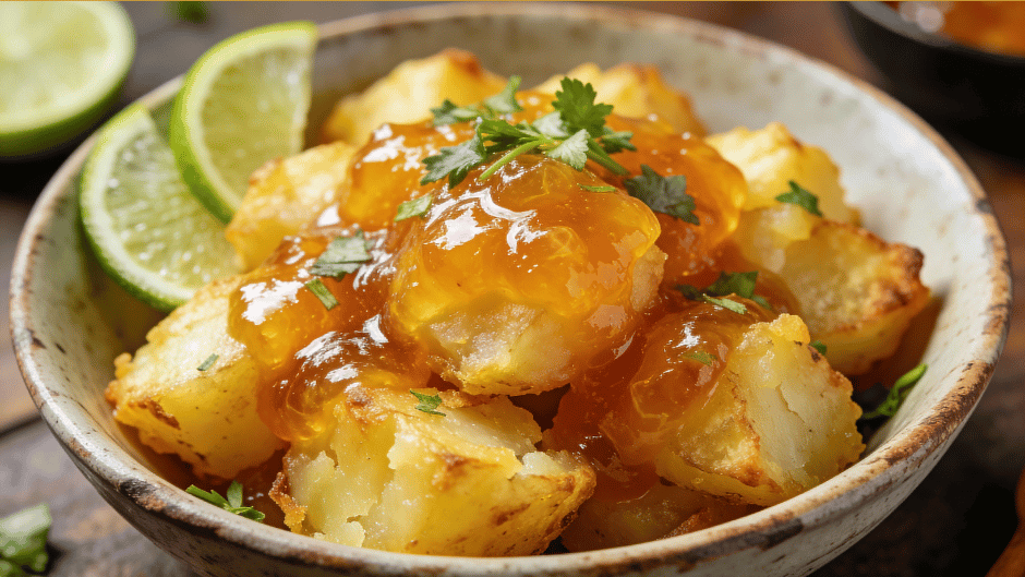 Golden crushed potatoes drizzled with glossy Kalamansi Marmalade, garnished with fresh herbs and lime slices — Filipino citrus potato side dish.