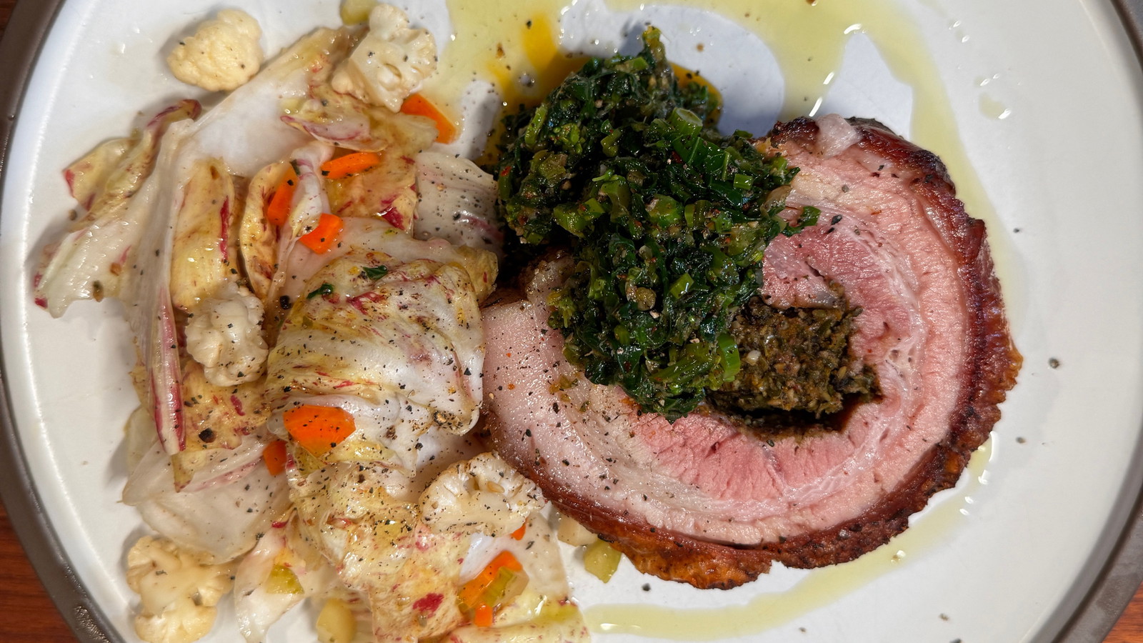 Image of Porchetta with Broccoli Rabe Salsa Verde, Chicories & Giardiniera