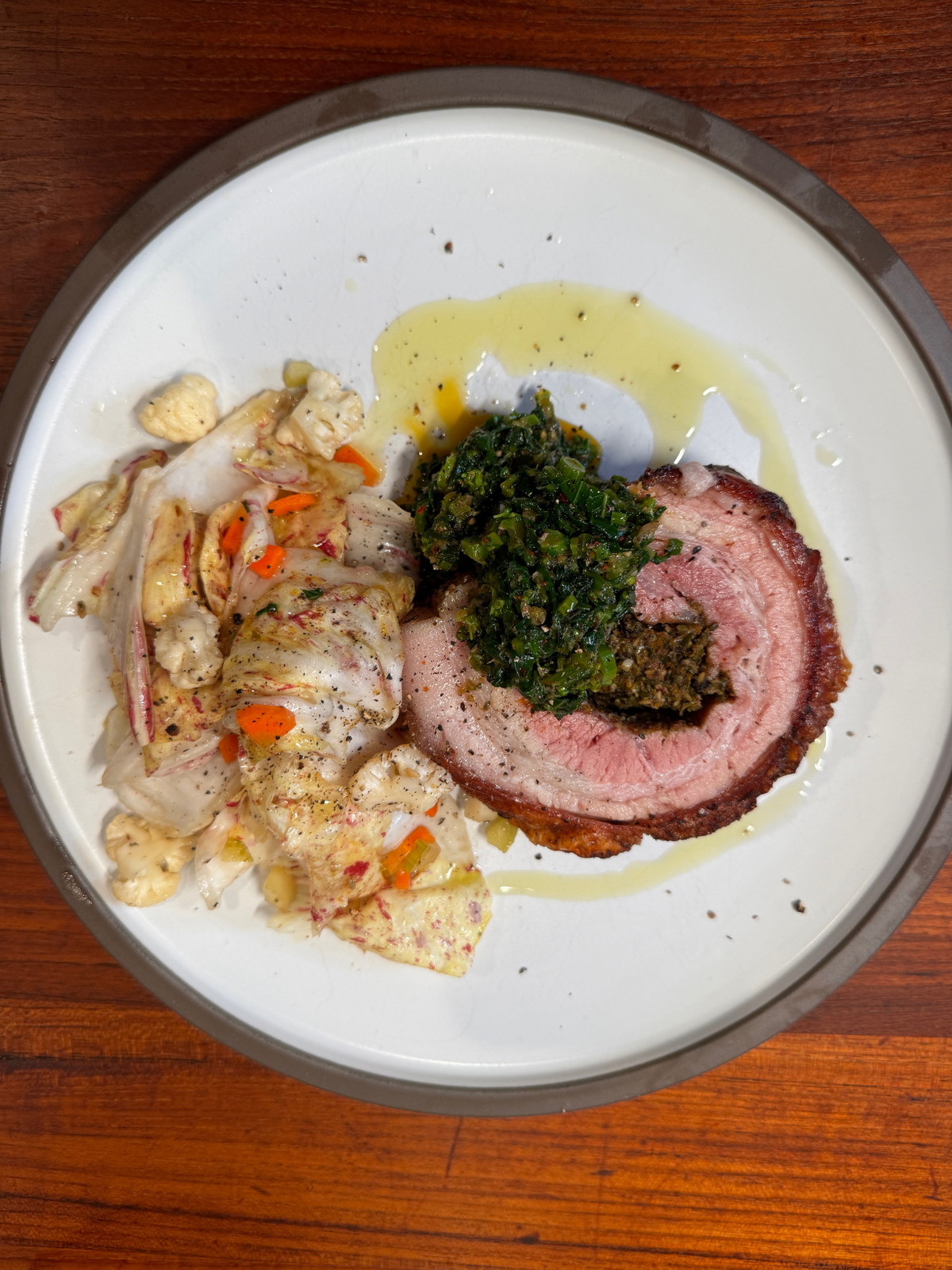 Porchetta with Broccoli Rabe Salsa Verde, Chicories & Giardiniera