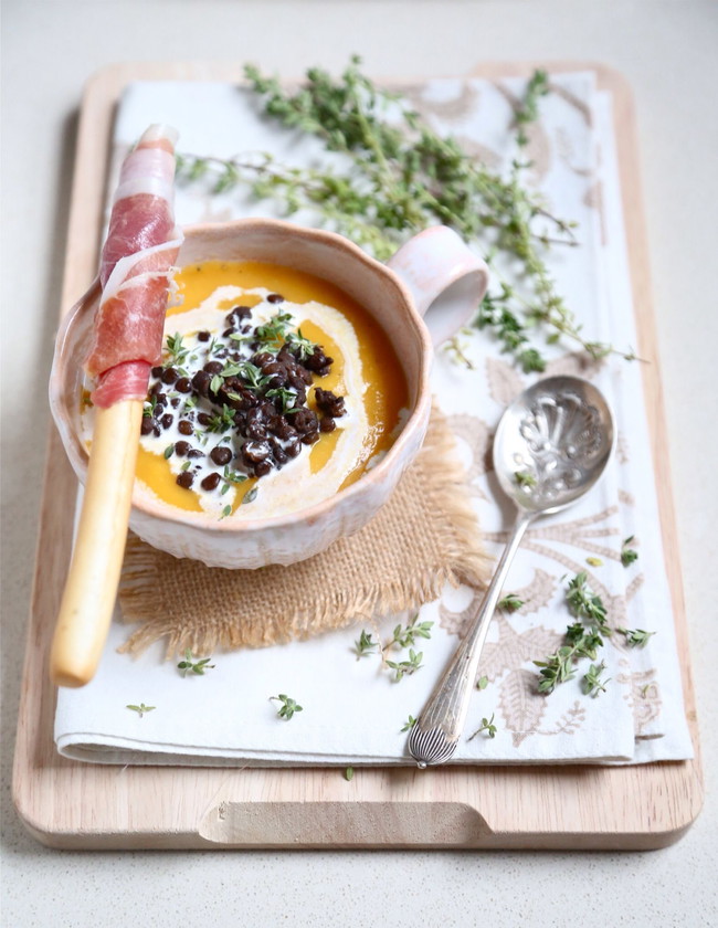 Image of Butternut Squash Soup with Puy Lentils and Parma Ham Grissini