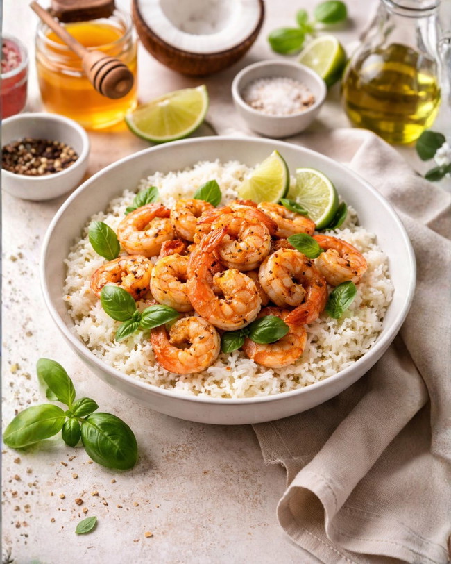 Image of Honig-Kokos-Reis mit gebratenen Garnelen