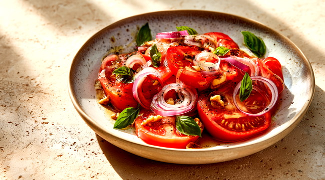 Image of Tomatensalat vegan – Tomaten Salat mit Wajos Feige-Chili Crema