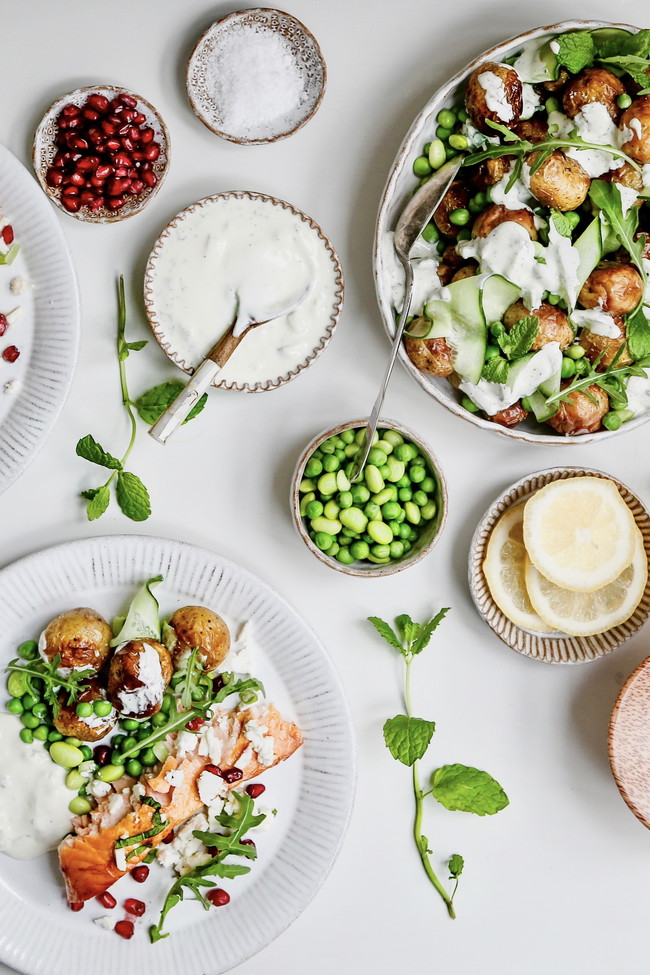Image of Roasted Salmon with Tzatziki, Feta and Pomegranate and warm potato salad
